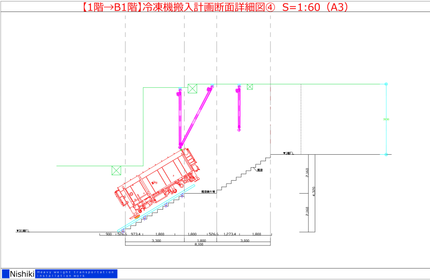 地下鉄駅構内 階段搬入計画断面詳細図